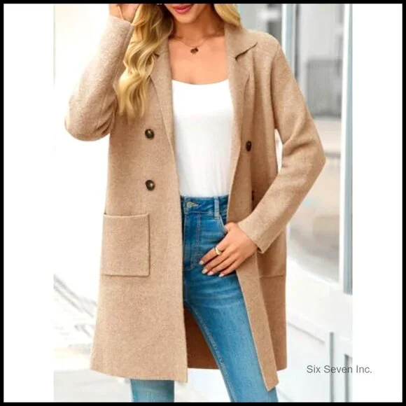 Chunky Knit Cardigan Coatigan Open Front Lapel Collar Casual Elegant Sweater - Picture 3 of 6